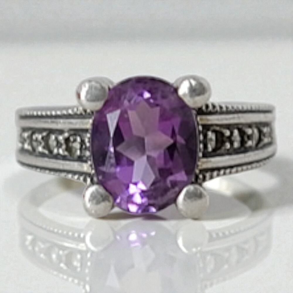 Judith Jack Amethyst Marcasite Art Deco Sterling Silver 925 Ring Size 6.75